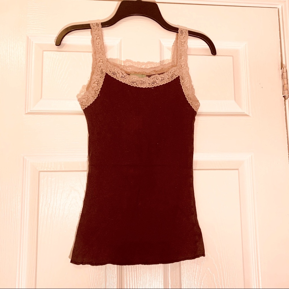 Fame brown cream lace tank shirt fun stretch sexy
